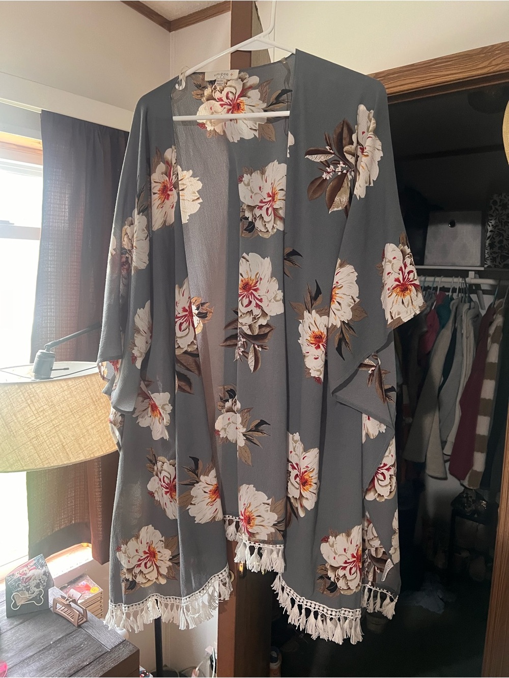 Umgee Gray Floral Fringe Cardigan with Pink & Gold Accents